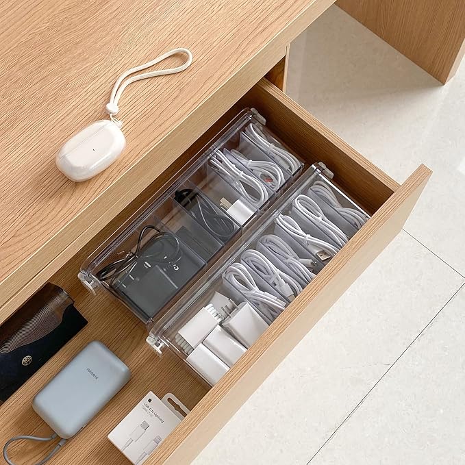 Yesesion 2 Pack Cord Organizer Box with Lid, Clear Desk Drawer Accessories Storage Case for Home Office Supplies, Art Crafts, Phone Charger, USB Cables, Marker Pen, Pencil Holder
