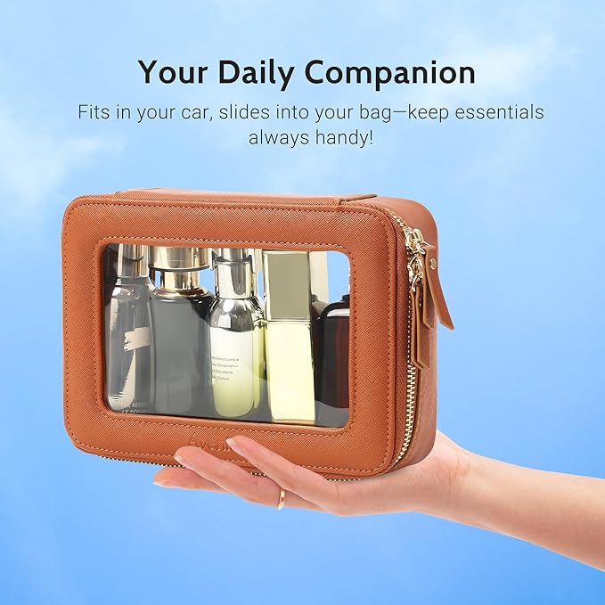 Aveniee Clear Makeup Bag, Travel Toiletry Case Car Accessories Organizer for Women, Heavy Duty Clear Pouch with Dual Zippers(Brown)