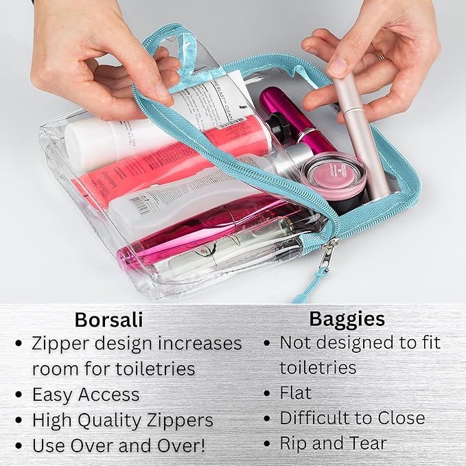 BORSALI TSA-Approved Quart-Sized Bag for Carry-On Travel - One (1) Quart Clear Toiletries, Cosmetic and 3-1-1 Liquids Toiletry Bag - Light Blue