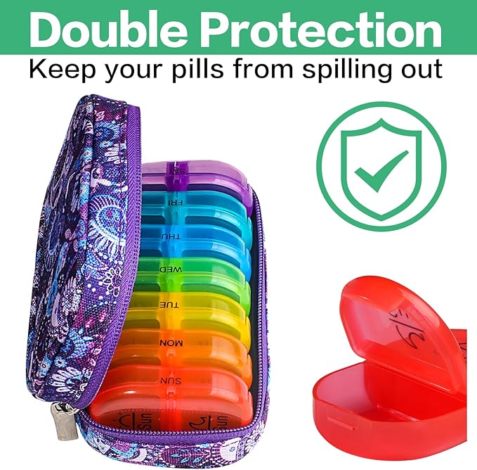 Serfeymi Weekly Travel Pill Organizer 2 Times A Day AM PM Rainbow Pill Box 7 Day with Zipper Canvas Pill Case, Medicine Organizer for Pills, Vitamins, Fish Oils - Green 01+ Purple 01