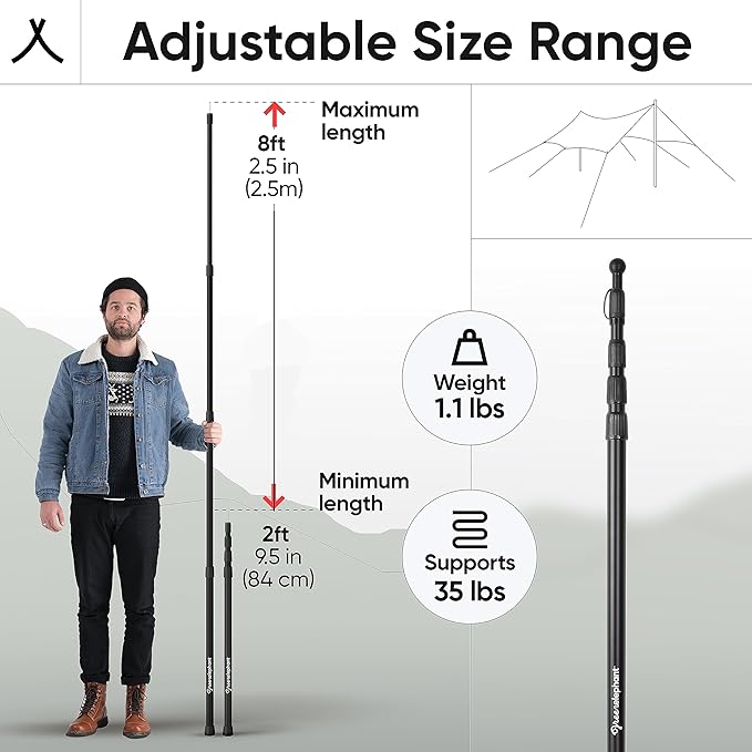 Green Elephant Camping Tarp Poles - Adjustable Aluminum Telescoping Tent Poles for Tarps, Canopy & Awning - Heavy Duty Collapsible Pole Set of 4 - Extends 8ft, Shrinks to 2ft - Caravan & Beach Shade