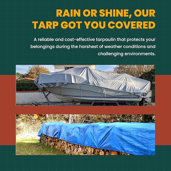 Large Waterproof Tarp - Heavy Duty 10 Mil Thick Poly Tarpaulin Ideal for Canopy Tents, Boats, RV or Pool Covers - Multipurpose Protective Tarps with Grommets for Indoor and Outdoor Use | 16' x 20'
