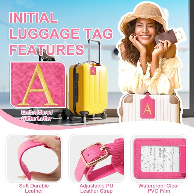 Personalized Initial Luggage Tags for Suitcase, Rose Red Leather Cute Luggage Tags with Privacy Cover Name Card, Embroidered Custom Monogram Luggage Tags Travel Backpack Tag Gifts for Women Kids(A)