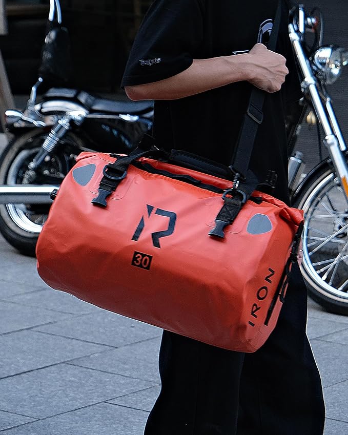 IRON JIA'S Motorcycle Dry Bag - Waterproof Duffle & Luggage Tail Bag Saddle Bags with Roll Top Closure, Shoulder Straps, Inner Pocket and Mesh Pocket (Orange, 50L)