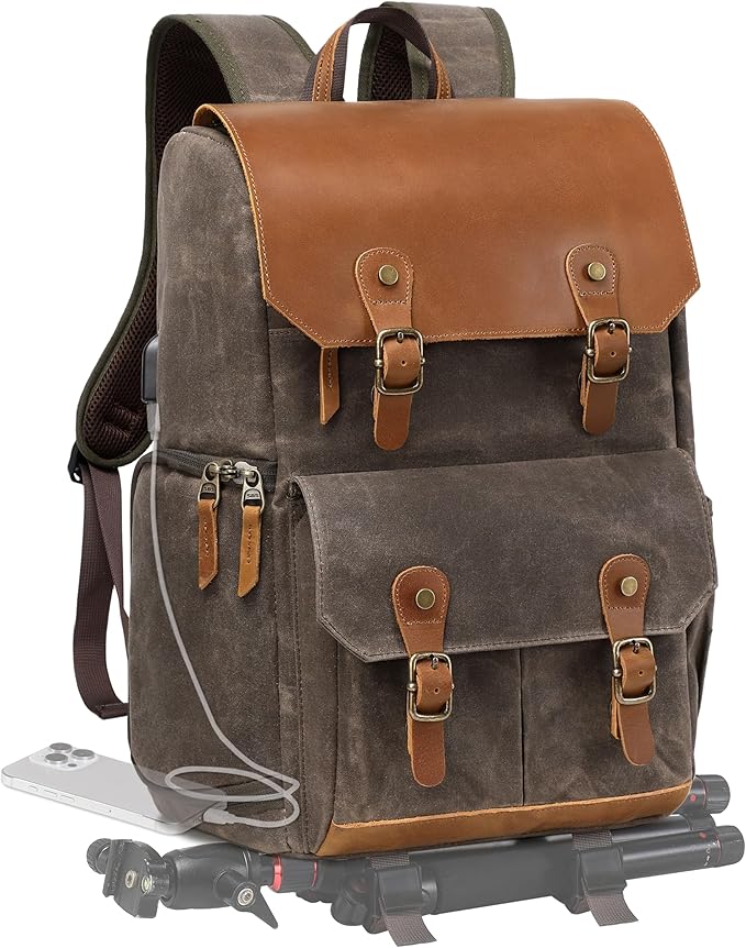 Padwa Lifestyle Coffee Camera Backpack - Waxed Memory Weather Resistant Canvas Camera Backpacks for Photographers,Multi DSLR SLR Camera Bag with 16” Laptop & Lens Compartment and Tripod Holder