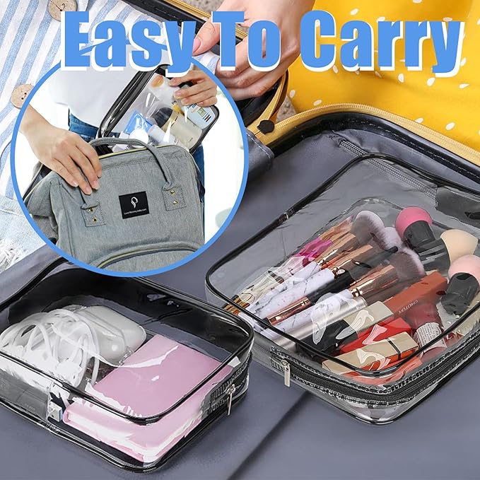 3 Pack Clear Cosmetic Bag, Waterproof Toiletry Bag with Zipper, Transparent Travel Makeup Bags, TSA Approved Clear Organizer Bags, PVC Cosmetic Pouch Case for Vacation Airport Airline Compliant