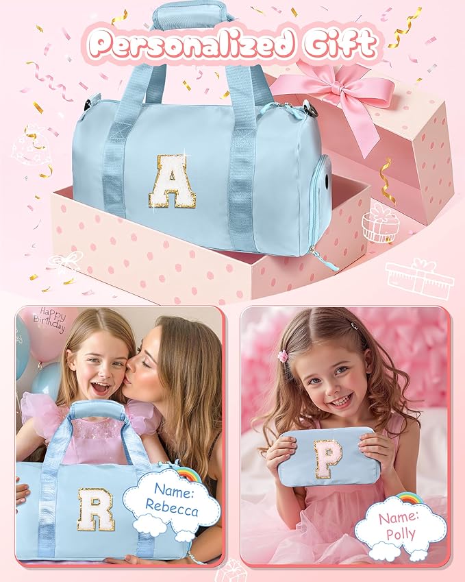 Valentines Day Gifts for Her-Girl Gym Bag with Shoe Compartment, Kid Personalized Weekender Overnight Bags, Initial Travel Tote with Makeup Pouch, Girls Kids Easter Gift (Letter V)