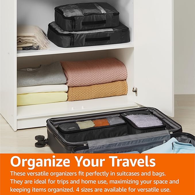 Amazon Basics Lightweight Packing Cubes Travel Organizer Set with Double Zipper, Mesh Top, Small, Medium, Large, Slim, Black, 4 Piece