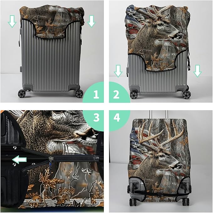 Luggage Cover + Tag, Camo Deer Flag Travel Suitcase Protector for 24 inch Luggage (M) with Concealed Zipper, Washable Elastic Cloth, Dustproof, Anti-Scratch