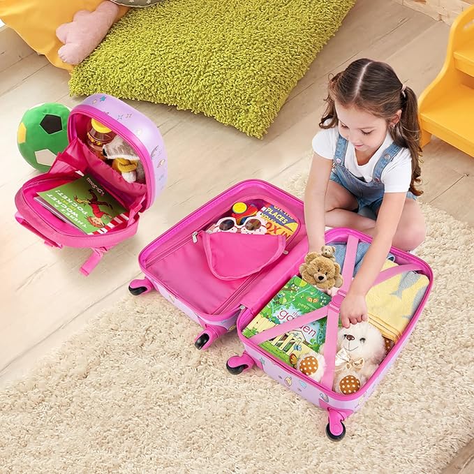 HONEY JOY Kids Luggage, 12" Toddler Backpack & 16" Travel Suitcase with Wheels, Lightweight Toddler Girls Suitcase, Durable ABS Hardshell, 2Pcs Carry On Luggage Set for Boys Girls(Pink Horse)