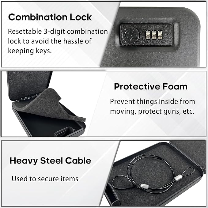 Small Gun Safe - Portable Gun Lock Box for Car with Resettable Combination Lock, Heavy-Duty Alloy Steel Handgun Lock Box, Foam Padding, Security Cable - Ideal for Travel & Home
