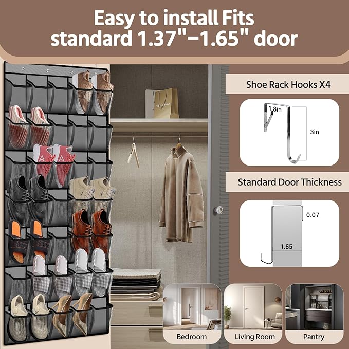 35 Pocket Over the Door Shoe Organizer,Reusable Breathable Large Mesh Bag Men's & Women's Sneaker Organizer,Shoe Organizer for Kids,Hanging Shoe Storage Hanging Bag (2PCS-Gray)