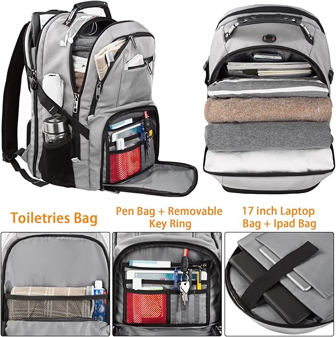 LTINVECK Extra Large 50L Travel Laptop Backpack, Computer bag Backbag with USB Charging Port, TSA Friendly Durable Big RFID Heavy Duty Business Tech Backpack Fits 17 Inch Laptops for Men Women, Grey