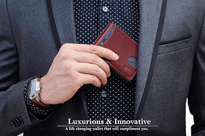 SERMAN BRANDS RFID Blocking Slim Bifold Genuine Leather Minimalist Front Pocket Wallets for Men with Money Clip Thin Mens