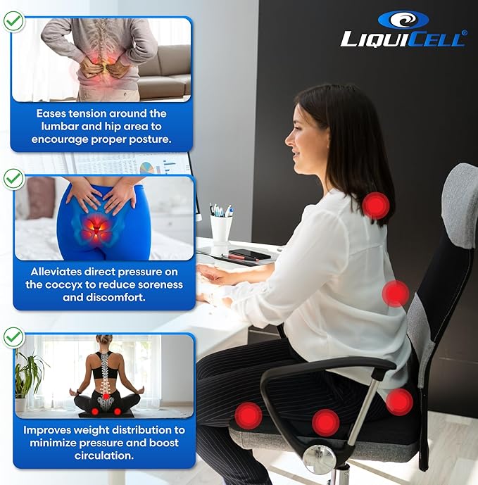LiquiCell Coccyx Seat Cushion, Aid for Tailbone Pain Relief, Sciatica Pain, Back Support | Donut Like Butt Pillow for Long Hours Sitting at Home/Office Chair (18W x 17L x 2.5H)