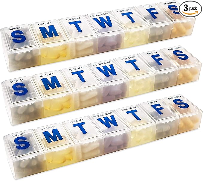 Weekly Pill Organizer - 7-Day Pill Planner Extra Large Pill Planner and Daily Pill Organizer and Medicine Reminder, Monday to Sunday Compartments - BPA Free - Travel Pill Box Case (Pack of 3)