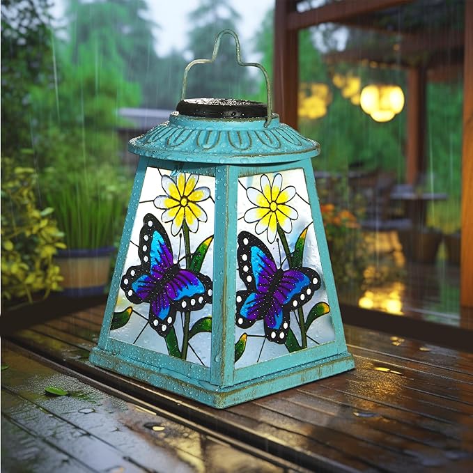 Butterfly Solar Lantern with Shepherd Hook, Outdoor Hanging Metal LED Garden Light Waterproof for Patio Yard Pathway, Unique Butterfly Lantern Decor and Meaningful Garden Gift for Mom Grandma Women