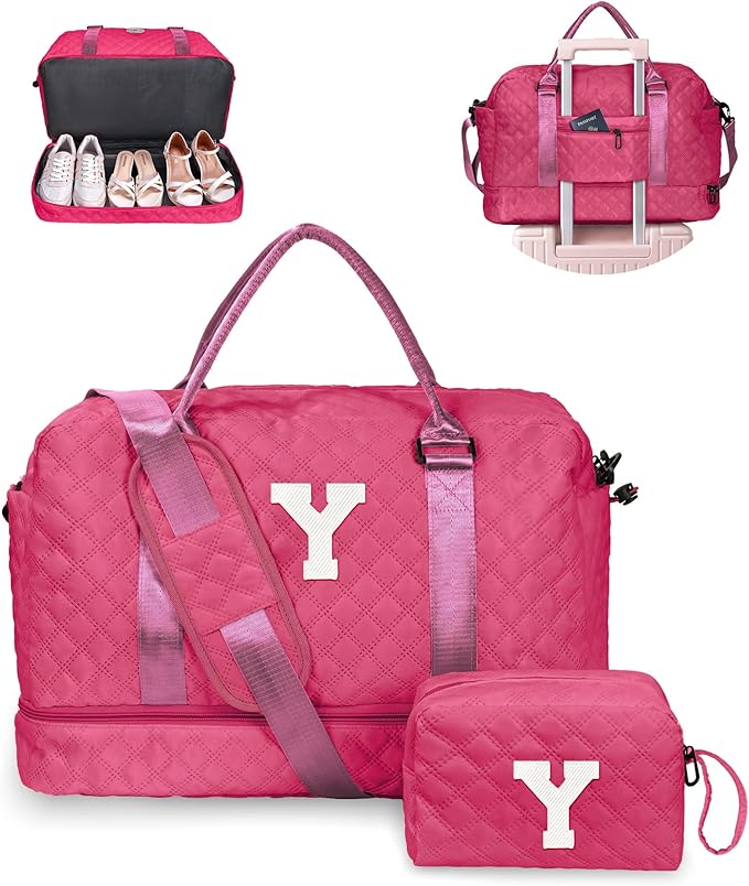 Gifts for Women-Gift Ideas for Woman, Initial Travel Bag with Shoe Compartment, Personalized Weekender Bag, Monogram Overnight Bag for Women, Letter Travel Bag with Makeup Bag (Letter Y)