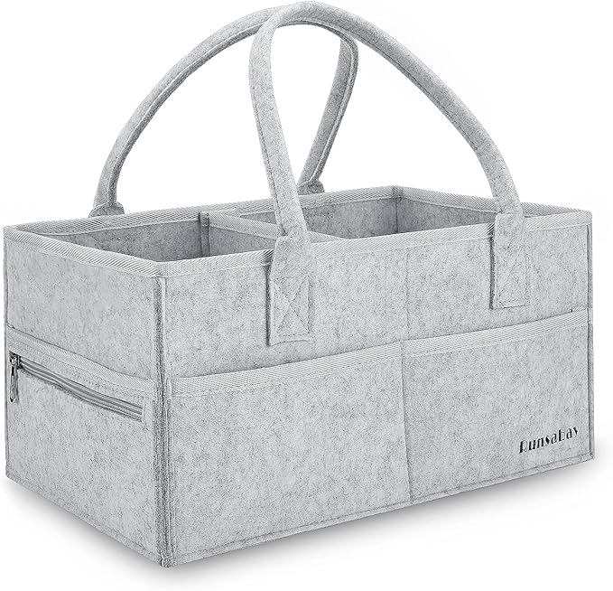 Runsabay. Nursery Basket-Baby Diaper Caddy Organizer for Changing Table-Portable Holder Tote Bag-Car Organizer with Removable Divider-Best Shower Gift Basket for Newborns Registry- Grey & Large Size