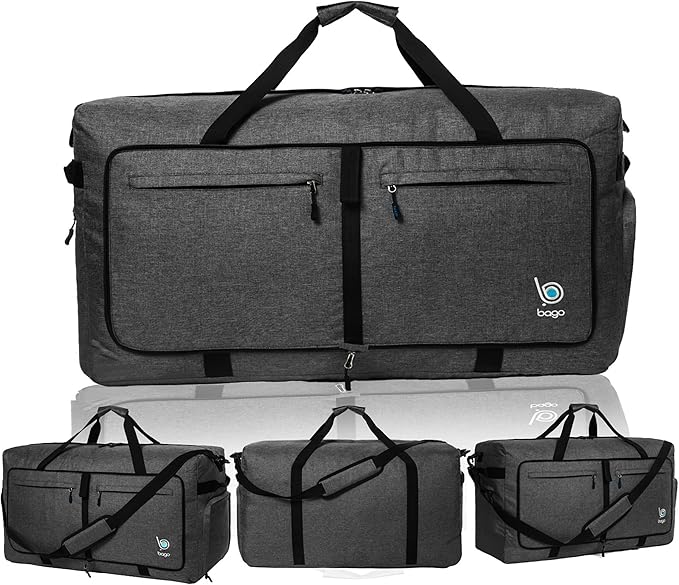 Bago Large Foldable Duffel Bags for Traveling Women & Men - 120L Packable Duffle Bag for Travel with Shoe Compartment - Water Repellant, Heavy Duty, Lightweight Folding & Collapsible (SnowBlack)