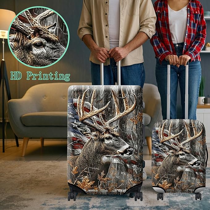 Luggage Cover + Tag, Camo Deer Flag Travel Suitcase Protector for 24 inch Luggage (M) with Concealed Zipper, Washable Elastic Cloth, Dustproof, Anti-Scratch