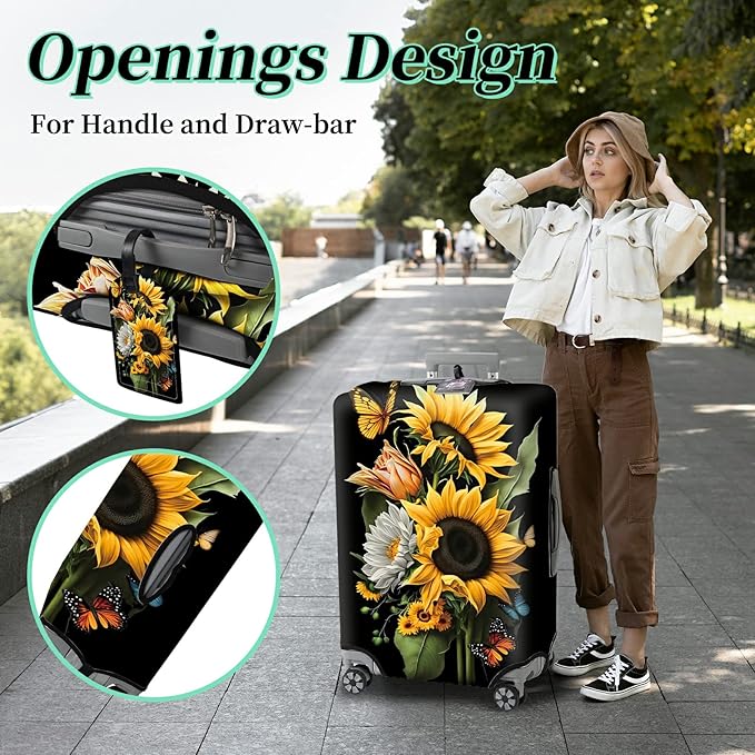 Suitcase Protector Plus 1 Luggage Tag, Sunflower Orchids Travel Suitcase Cover for 22-24 inch Luggage (M) with Concealed Zipper, Washable Elastic Cloth, Dustproof, Anti-Scratch