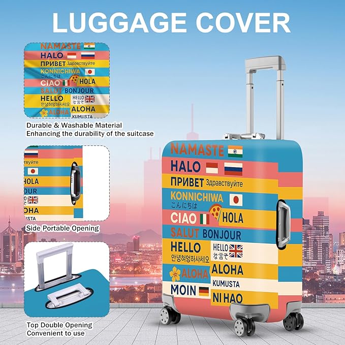ANNA QUEEN Funny Multilingual Greetings Luggage Cover, Suitcase Protector with Hello in 15+ Languages, Stretchable, Washable Travel Cover for 20-22 Inch Luggage