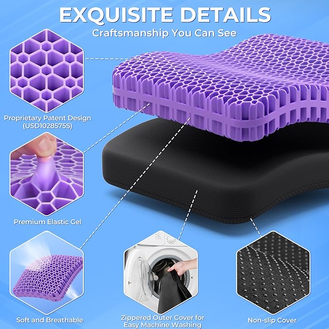 TushGuard Gel Seat Cushion for Long Sitting, Enlarged & Thickened Patent Design Office Chair Seat Cushion, Breathable Cooling Pads for Chairs, Soft Car Cushions for Wheelchair(Large, Black)