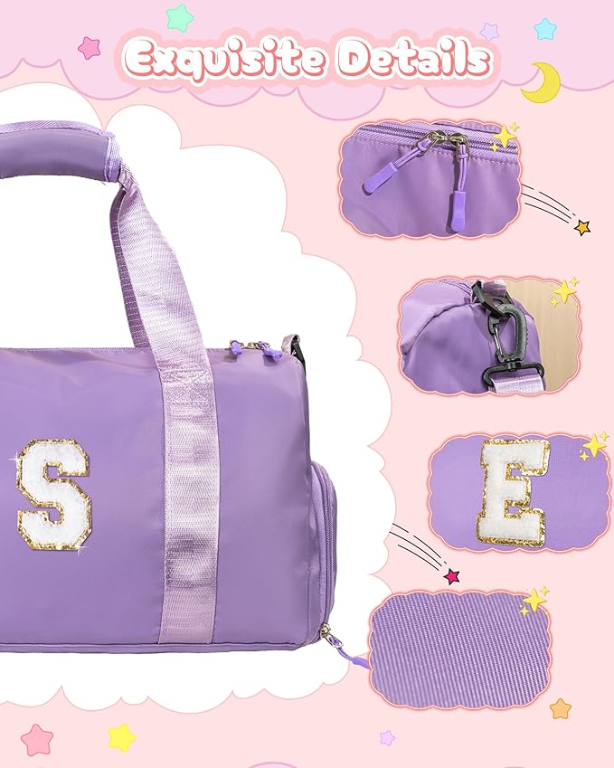 Gifts for 4 5 6 7 8 9 10 11 Year Old Girls-Girl Gym Bag with Shoe Compartment, Kid Personalized Weekender Overnight Bags, Initial Travel Tote with Makeup Pouch, Graduation Gift (Letter A)