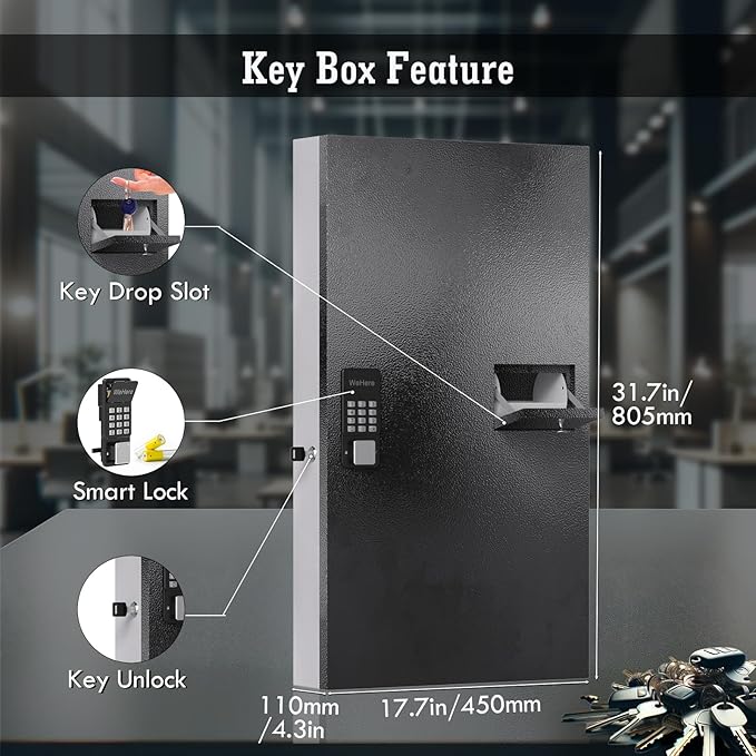 WeHere 104 Keys Lock Box Wall Mount with Key Drop Slot, APP Bluetooth/OTP/Wi-Fi/Fixed Code/Key Unlock, Smart Large Key Cabinet Key Return Box for Hotel,Car Dealerships,Realtors,Office