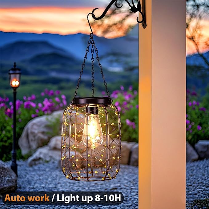Hanging Solar Lanterns Outdoor Waterproof, Vintage Copper Hanging Lantern Lights for Outside, Solar Chandelier Outdoor Idea for Yard Garden Pathway Gazebo Pergola Porch Decor (4)