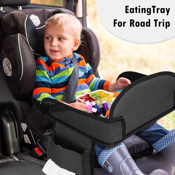 Kids Travel Tray for Car Seat, Toddler Road Trip Essentials With Drawing Kit, Travel Activities Must Haves (Black)