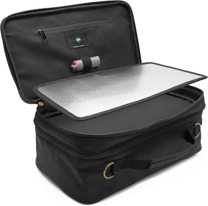 Large Storage Case with TSA Combination Lock Bag, Portable Carbon Lined, XL Medicine Lockable Box for Travel & Home Secured Box Organizer Divider Jars Accessories, Removable Tray (Black)