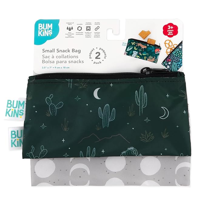Bumkins Reusable Snack Bags, for Kids School Lunch and for Adults Portion, Washable Fabric, Waterproof Cloth Zip Bag, Supplies Travel Pouch, Food-Safe Storage, 2-pk Desert Night Dk. Green and Gray