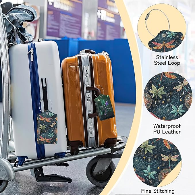 3 PCS Dragonfly Luggage Tags,Fantasy Dragonfly Suitcase Tags Privacy Cover ID Label with Stainless Steel Loop and Address Card for Travel Bag Suitcase