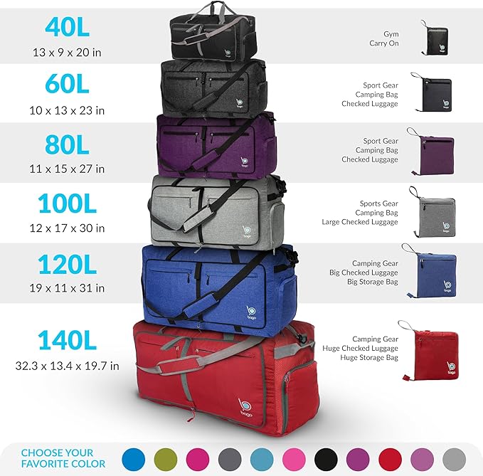 Bago Big XXL Foldable Duffel Bags for Traveling Women & Men - 140L Packable Duffle Bag for Travel with Shoe Compartment - Water Repellant, Heavy Duty, Lightweight Folding & Collapsible (SnowGray)