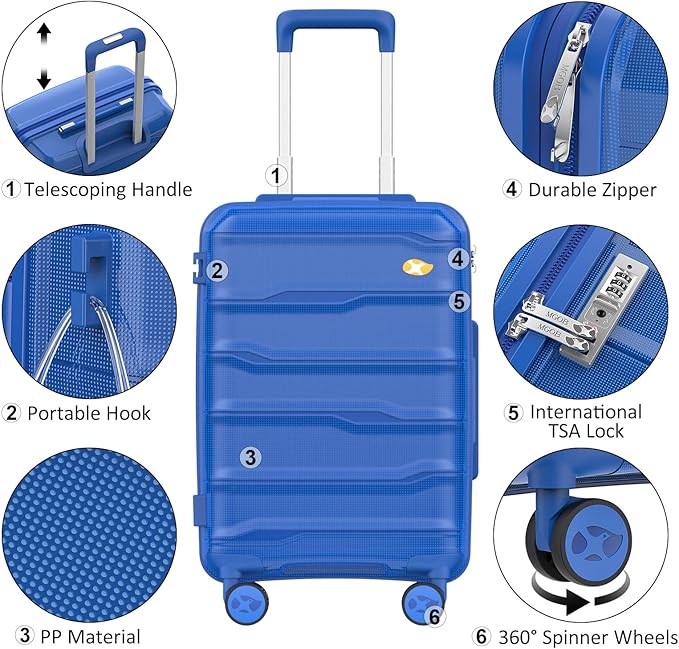 Carry On Luggage 22x14x9 Airline Approved, Hard Shell Suitcase with Spinner Wheels, PP Lightweight Luggages with TSA Lock, Carry-On Suitcases 20 Inch, Blue