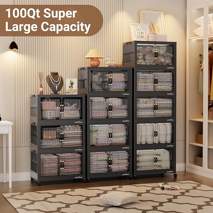 BROVIEW 500Qt Stackable Storage Bins with Lid, Extra Large Closet Organizer Collapsible Drawer Boxes with Wheels, Folding Plastic Cabinet Containers for Home Kitchen Room Organization, 5Pack Black