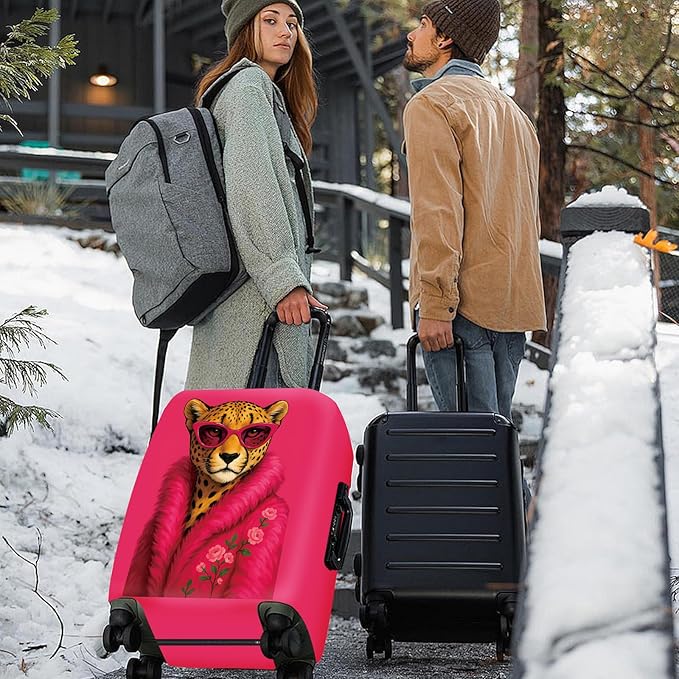 ANNA QUEEN Fashionable Leopard Luggage Cover, Leopard in Pink Coat and Sunglasses, Stretchable, Washable Travel Sleeve for 28-30 Inch Luggage