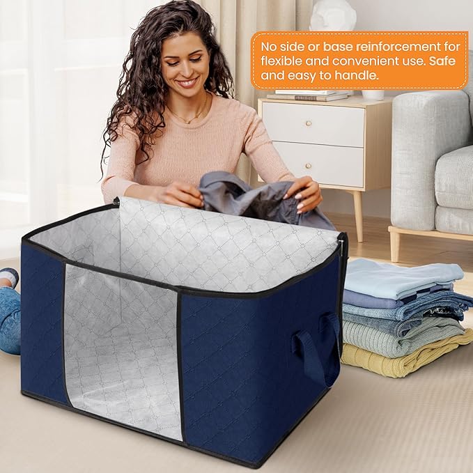 Fab totes 24 Gallons Clothes Storage, Foldable Thick Fabric Blanket Storage Bags, Containers for Organizing Bedroom, Closet, Clothing, Comforter, Organization with Handle (4 Pack,Blue)