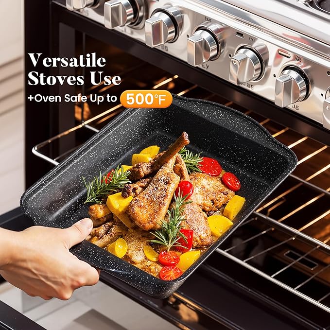 Kitchen Academy Induction Cookware Set-17 Piece Non-stick Cooking Pan Set, Black Granite Pots and Pans Set