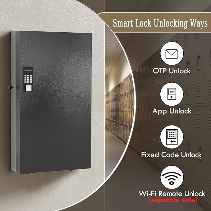 WeHere 360 Lock Box Wall Mount, APP Bluetooth/OTP/Wi-Fi/Fixed Code/Key Unlock, Smart Cabinet With Tag, Organizer Holder, Management Directory for Office, Valet, Realtor, Hotel