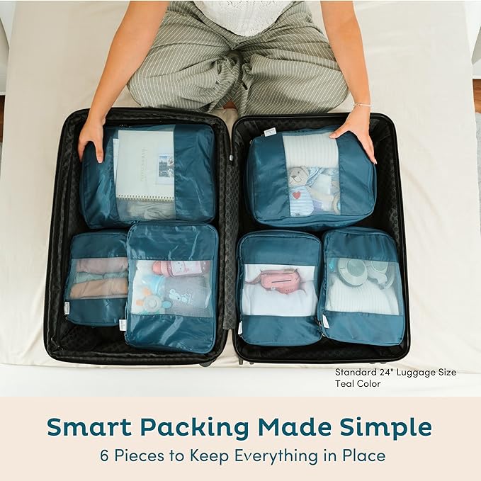 6-Pack Compression Packing Cubes Travel Essentials - Lightweight, Water-Resistant Luggage Organizer Bags with Handles, Durable Travel Accessories Suitcase Organizer (Teal)
