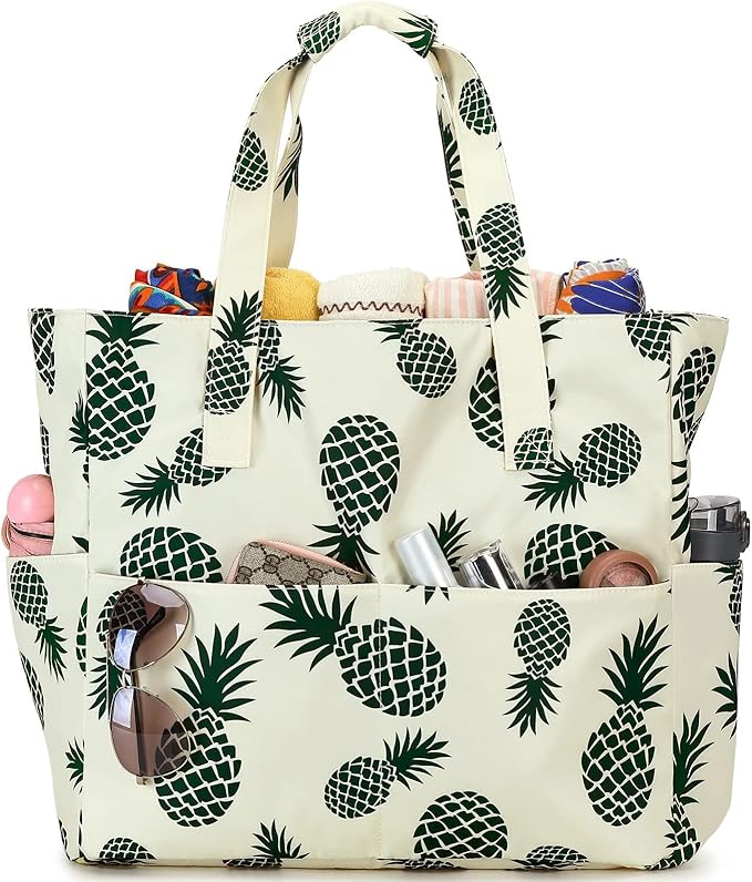 LEDAOU Large Beach Tote Bag Women Waterproof Sandproof Zipper Beach Tote Bag for Pool Gym Grocery Travel with Wet Pocket