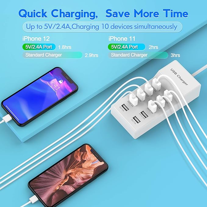 USB Charger Station Block with Rapid Charging Auto Detect Technology Safety Guaranteed 10-Port Family-Sized Smart USB Ports for Multiple Devices Smart Phone Tablet Headphones