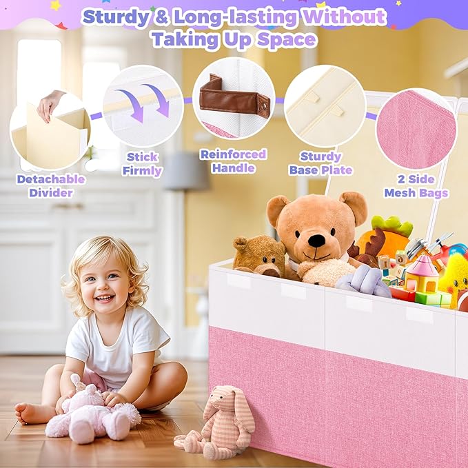 Extra Large Toy Storage Box with Lid, Collapsible Sturdy Toys Chest Storage Organizer Bin Basket with Divider for Kids, Boys, Girls, Closet, Playroom, Bedroom, Nursery, 40"X14"X16", Pink & White