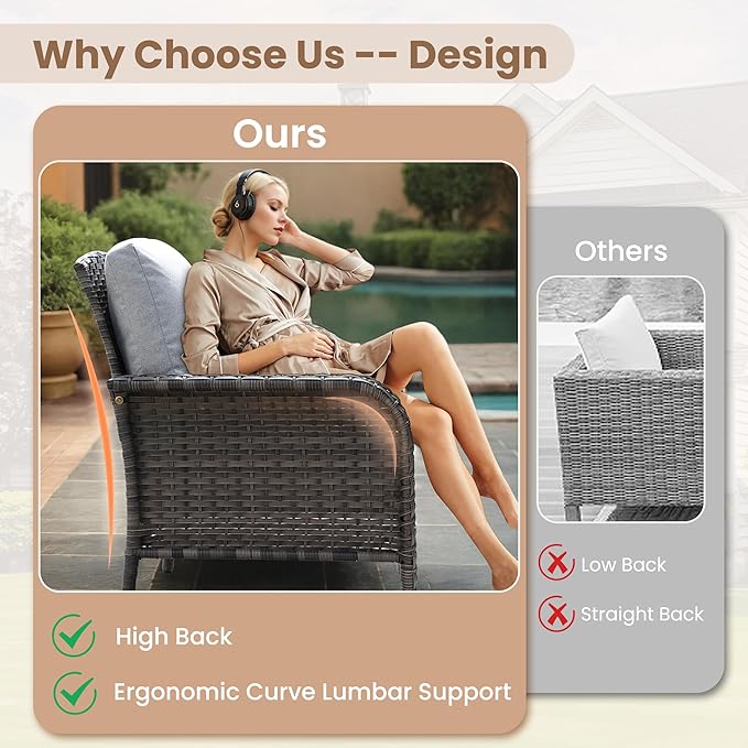 HOOOWOOO Patio Furniture Set,2 Pieces Outdoor Wicker Chairs Set,All Weather Bistro Chairs with Comfy High Back,Light Gray