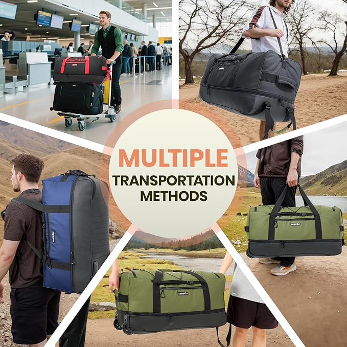 Fanwoli 30'' Rolling Duffel Bag with 2 Wheels - No-Sag Design for Heavy Loads, Expandable 100L-120L Luggage with Soft Handle & Lock, Waterproof Foldable Lightweight with for Travel, Camping,Moving