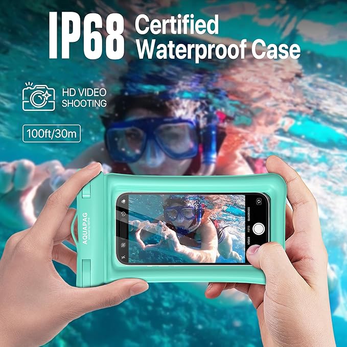 NEPHI IP68 Waterproof Phone Pouch 2 Pack-Up to 8.0"，Adjustable Neck Lanyard Floating Waterproof Phone Case for iPhone,Phone Dry Bags for Vacation Beach Pool Travel Essentials (Aqua Green white 4 pack)