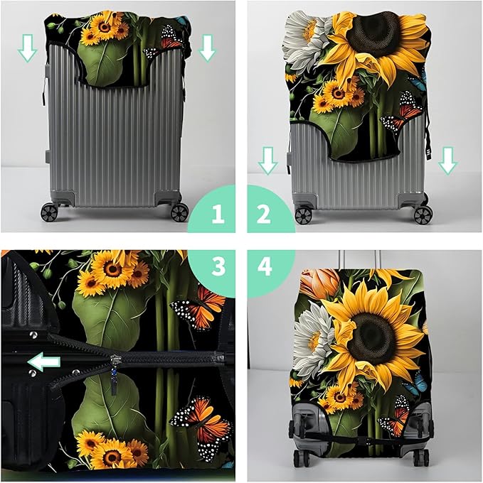Suitcase Protector Plus 1 Luggage Tag, Sunflower Orchids Travel Suitcase Cover for 22-24 inch Luggage (M) with Concealed Zipper, Washable Elastic Cloth, Dustproof, Anti-Scratch